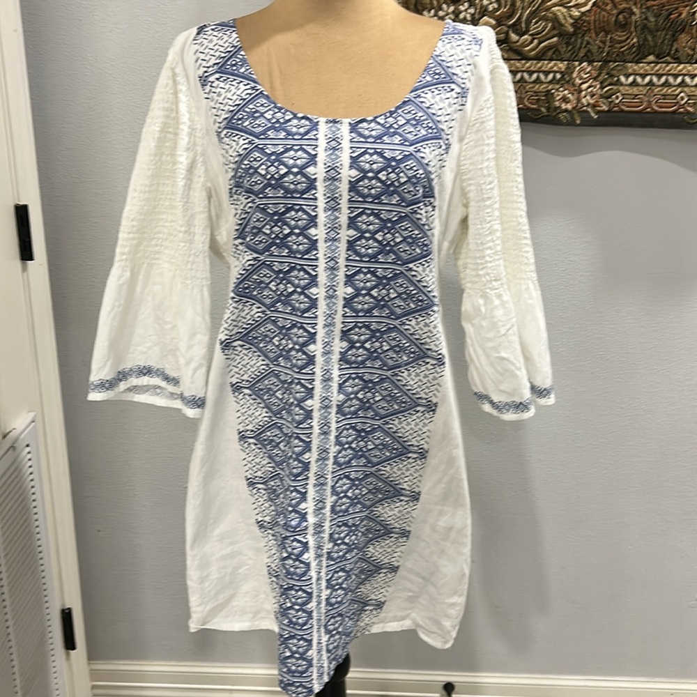 BILLABONG White Cotton Dress/Cover With Blue Design Print. Size L - Picture 3 of 13